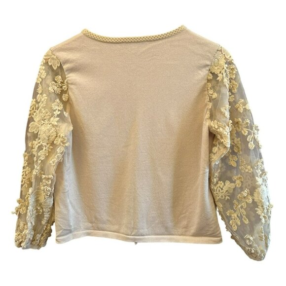 Elegant Sioni Milano Beige Cardigan With Lace Floral Sleeves Cottagecore Preppy - Picture 2 of 5